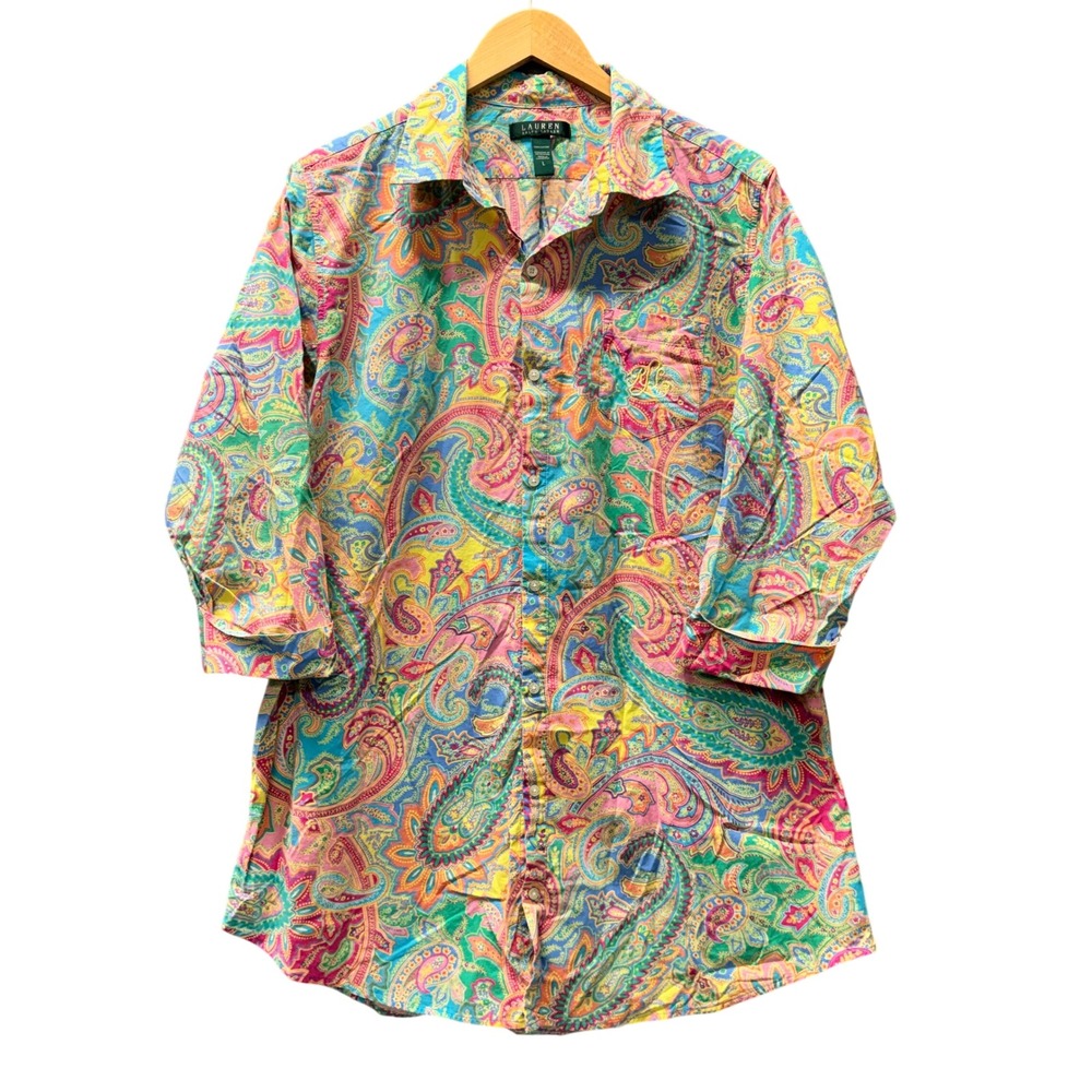 Lauren Ralph Lauren Sleep Shirt Womens L Paisley Multicolor Button Up Cotton